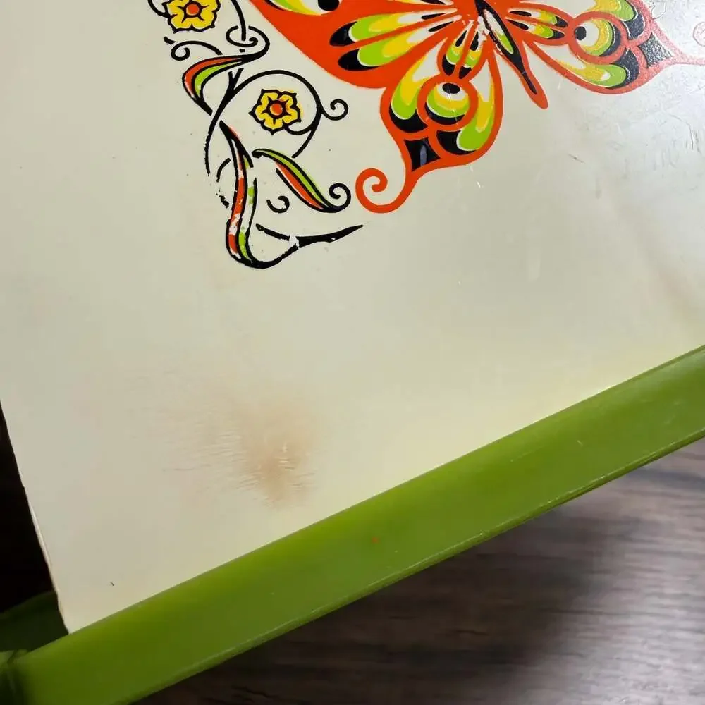Mid-Century Retro Napkin Letter Card Holder Plastic Orange Butterfly Green Base